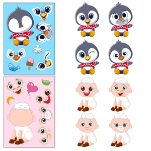 Autocollants puzzle visage d'animaux DIY pingouin et agneau pour jeu créatif d'enfants