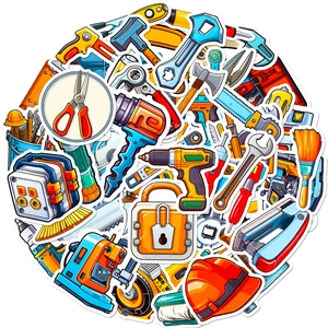 Vibrant cartoon construction tool stickers featuring drills, hammers and saws