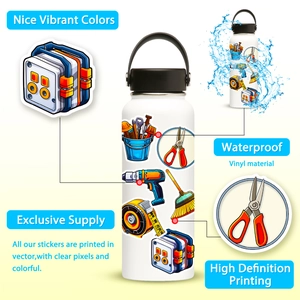 Waterproof vinyl cartoon tool stickers on a white water bottle showing vibrant colors