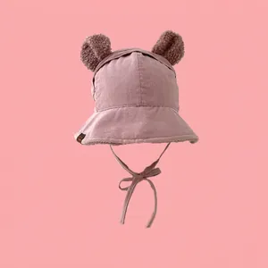 Winter corduroy bucket hat with bear ears and chin strap for toddlers in rose pink