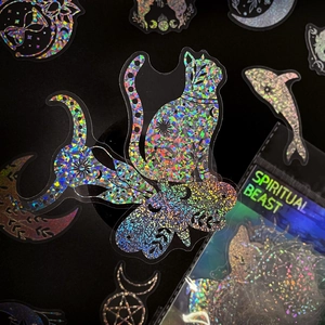 100pcs holographic mystical laser stickers with spiritual beast and moon patterns