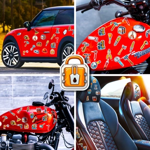 Cartoon repair tool stickers applied on red car exterior and motorcycle fuel tanks