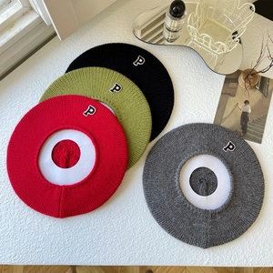 Chic knit beret hats for women in red, green, black and grey with letter P embroidery