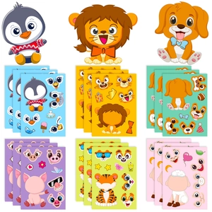 Lot de 6 planches de stickers puzzle d'animaux DIY pour enfants avec visages interchangeables