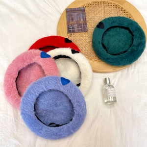 Plush rabbit fur beret set for women with embroidered heart patches in five colors