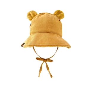 Ginger yellow corduroy baby bucket hat with bear ears and warm plush lining