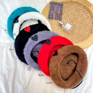 Women Rabbit Hair Blend Beret Winter Warm Soft Plush Painter Hat Heart Embroidery Patchwork French Vintage Adjustable Artist Cap