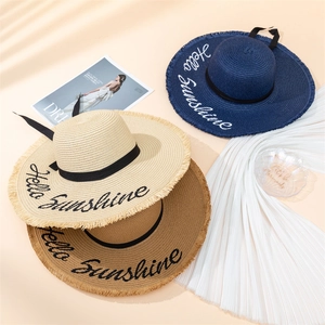 Women Wide Brim Straw Sun Hat With Ribbon Bow Embroidery Hello Sunshine Frayed Edge Summer Beach Holiday Vacation Sunshade Hat