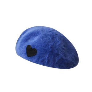 Blue fluffy rabbit fur beret for women with a black heart embroidery accent
