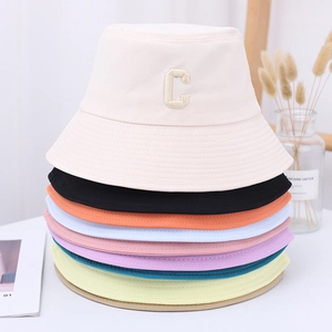 C Letter Embroidered Cotton Bucket Hat For Women Men Sun Protection Breathable Solid Color Casual Fishing Cap
