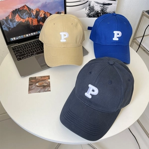 Oversized cotton baseball caps with embroidered P letter in khaki, royal blue, and navy