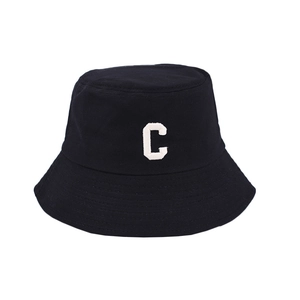 Black canvas bucket hat with white towel embroidered C letter, minimalist unisex style