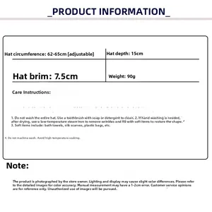 Size chart for baseball cap showing 62-65cm adjustable circumference and 15cm depth