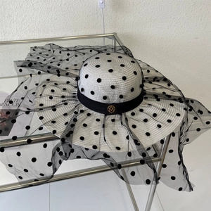 Détail d'un chapeau de paille élégant avec voile en résille à pois et boucle dorée
