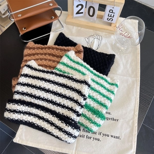 Cute striped knit cat ear beanies in four colors with thick textured woven fabric