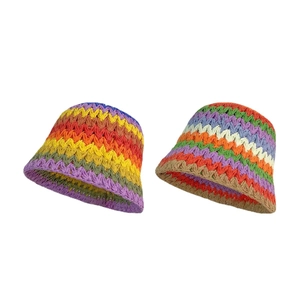 Regenboog gestreepte gebreide strooien hoed voor dames zomer zonbescherming strand