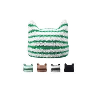 Cute knitted cat ear beanie with green and white stripes and multiple color options