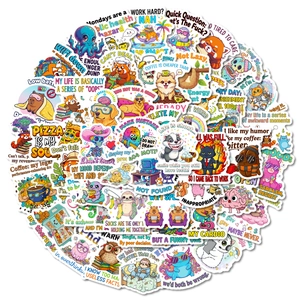 50 funny cartoon animal stickers featuring humorous English quotes and vibrant graffiti art