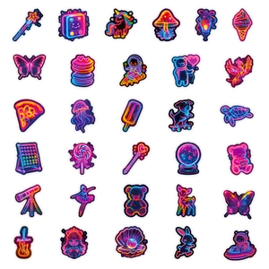 Lot de 30 autocollants graffiti néon avec des motifs vibrants d'animaux et d'aliments