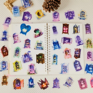 Lot de stickers PET armoire magique féerique avec étagères de livres fantastiques colorées