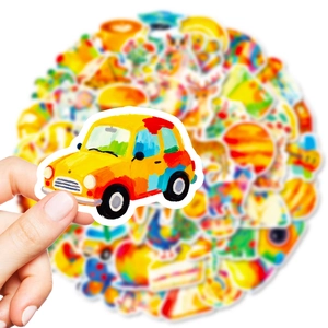 Vibrant oil painting style graffiti stickers with colorful car illustration for DIY journaling