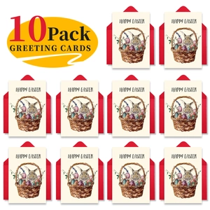 Pack de 10 tarjetas de Pascua en acuarela con conejitos, flores y sobres rojos incluidos