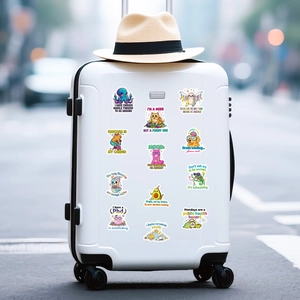 Humorous animal stickers on a white suitcase featuring cartoon designs and funny English text