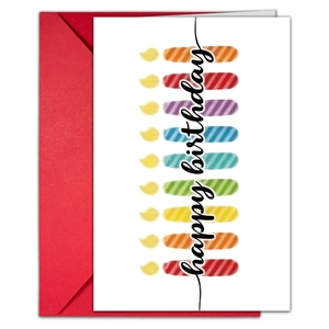 Biglietto di auguri colorato con candele arcobaleno e busta rossa per feste vivaci