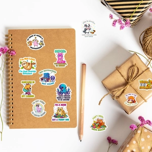 Close-up of funny animal graffiti stickers on notebooks and gift boxes for decoration