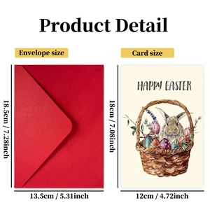 Tarjeta de Pascua en acuarela con conejo y cesta, incluye sobre rojo festivo