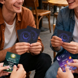 Close-up of friends playing mystical moon-themed oracle cards in a cozy social setting