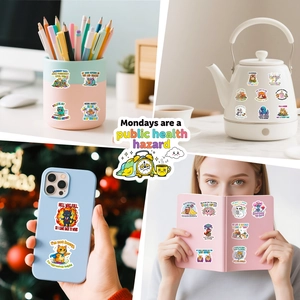 Waterproof cartoon animal stickers with humorous quotes applied to a bottle and phone case