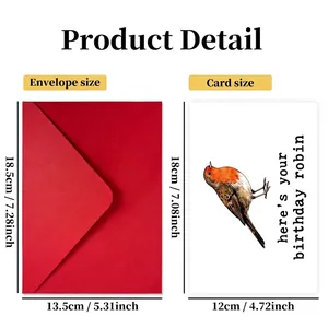 Funny animal birthday card set with robin illustration and size chart specifications