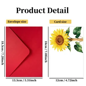 Set biglietti d'auguri floreali con busta rossa e carta girasole con misure dettagliate