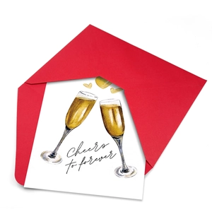 Wedding card set with champagne glass design and Cheers to forever quote on red envelope