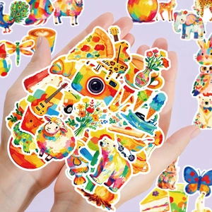 Detailed close-up showing diverse oil painting style cartoon stickers for creative DIY scrapbooking