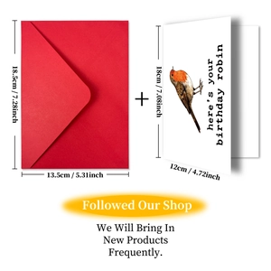 Detailed size specifications for the robin birthday card and red envelope set