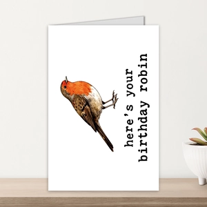 Detail of robin birthday card with watercolor bird illustration and humorous text