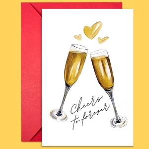 Detail view of Cheers to forever card with watercolor champagne glasses and red envelope