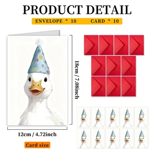 Detail view of 10 duck birthday cards and 10 red envelopes with size dimensions