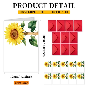 Detail van zonnebloem wenskaartenset met 10 kaarten en enveloppen inclusief afmetingen