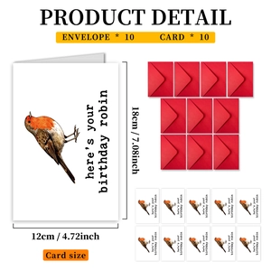Detailed view of 10-pack robin bird birthday cards and envelopes with size measurements