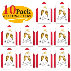 Detailed set of 10 white watercolor champagne greeting cards with red envelopes for weddings