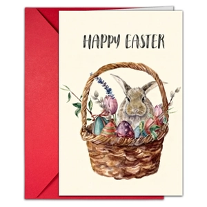 Tarjeta de felicitación de Pascua acuarela con conejo, cesta de flores y sobre