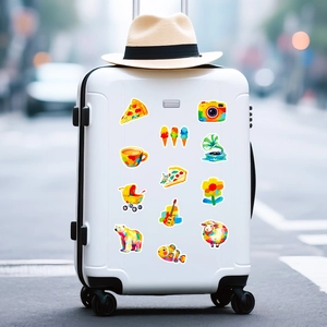 Creative oil painting stickers shown on a white suitcase for personalized DIY decoration