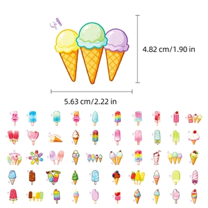 Detail view of 50pcs ice cream stickers with precise dimensions for DIY journaling