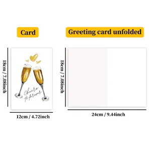 Detailed size guide for champagne heart wedding card showing folded and unfolded dimensions