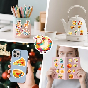 Watercolour oil painting style stickers applied on phone case and notebook surfaces