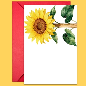 Detail van zonnebloem wenskaart met aquarel bloemenkunst en rode envelop set