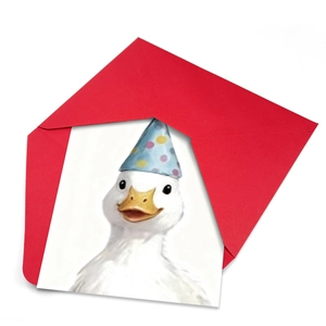 Creative birthday card with cute white duck illustration and a premium red envelope